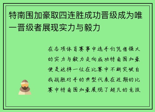 特南围加豪取四连胜成功晋级成为唯一晋级者展现实力与毅力