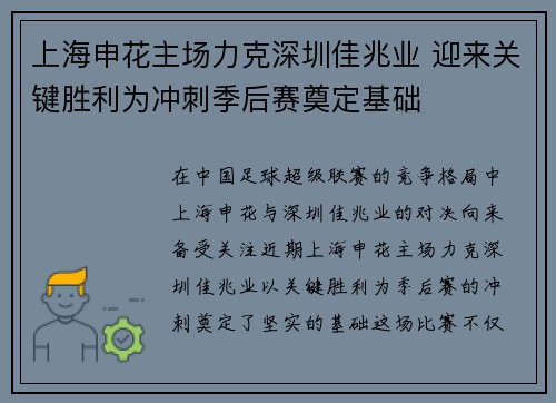 上海申花主场力克深圳佳兆业 迎来关键胜利为冲刺季后赛奠定基础