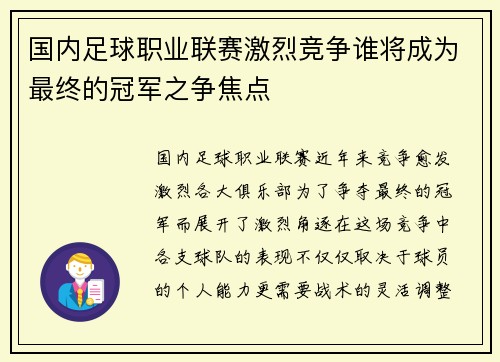 国内足球职业联赛激烈竞争谁将成为最终的冠军之争焦点