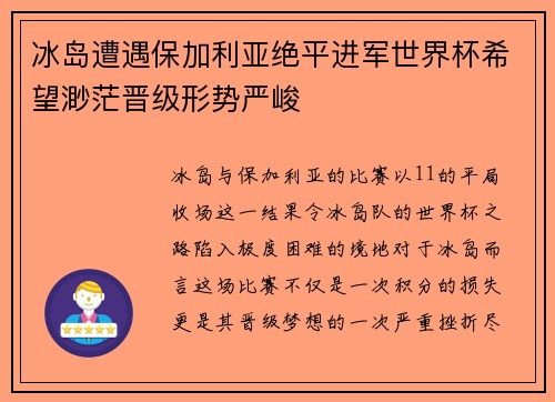 冰岛遭遇保加利亚绝平进军世界杯希望渺茫晋级形势严峻