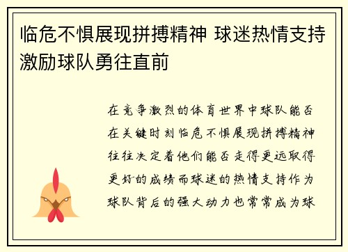 临危不惧展现拼搏精神 球迷热情支持激励球队勇往直前